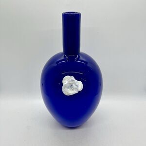 Cobalt Blue Art Glass Vase 9” White Applied Flower